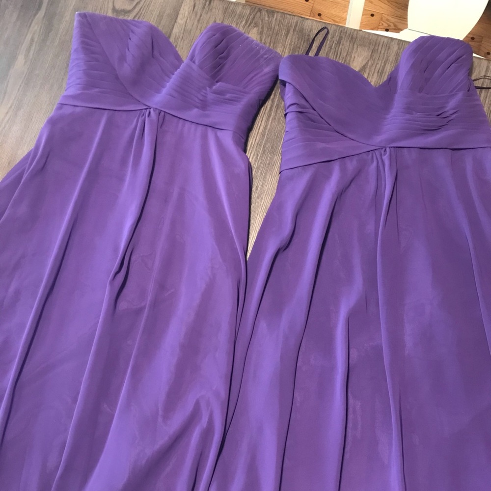 Two Strapless Purple Bridesmaid Dresses